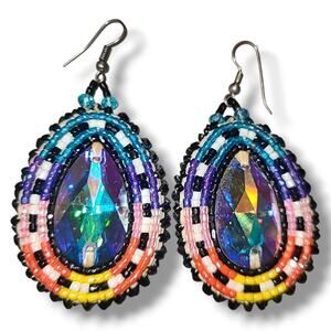 Vintage Colorful Seed Bead Woven Teardrop Dangle Earrings w/ Leather‎ Back